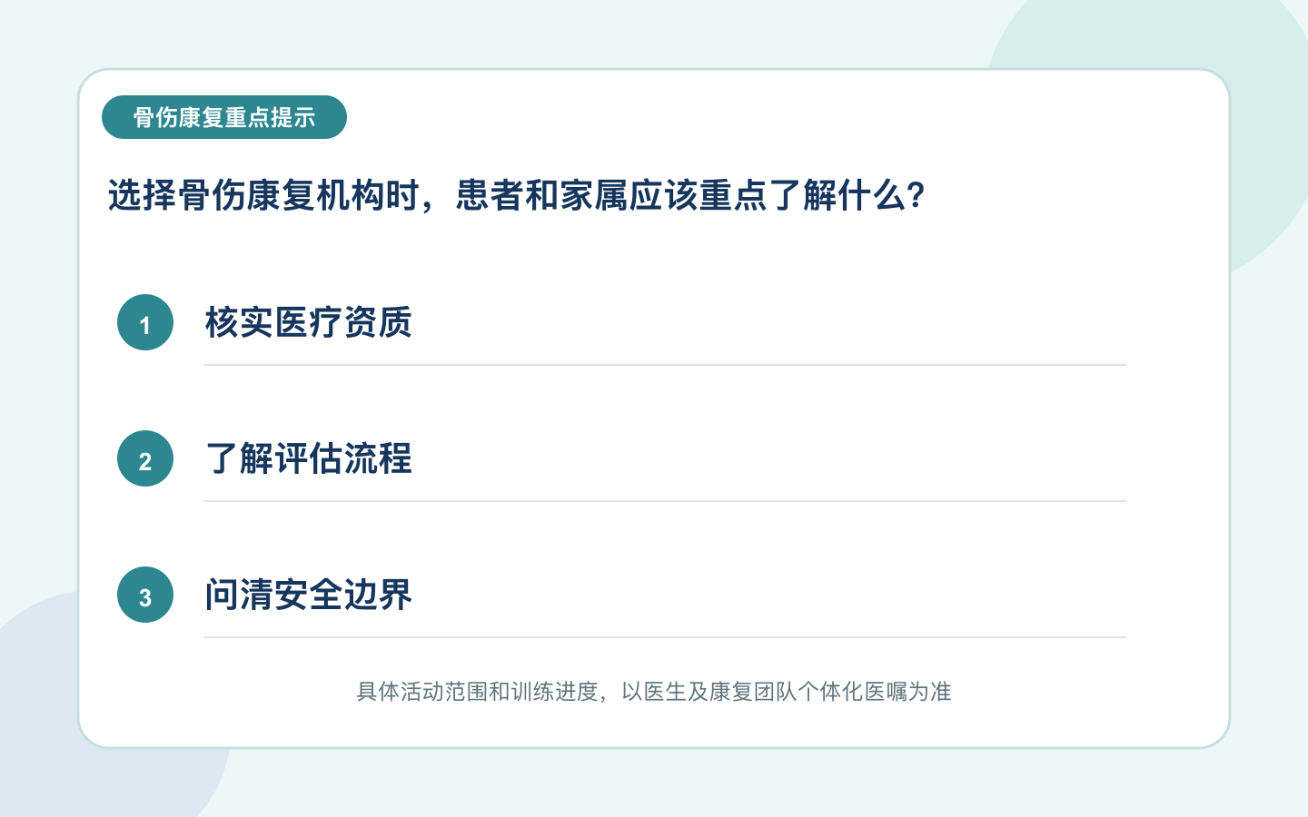 选择骨伤康复机构时，患者和家属应该重点了解什么？重点信息图