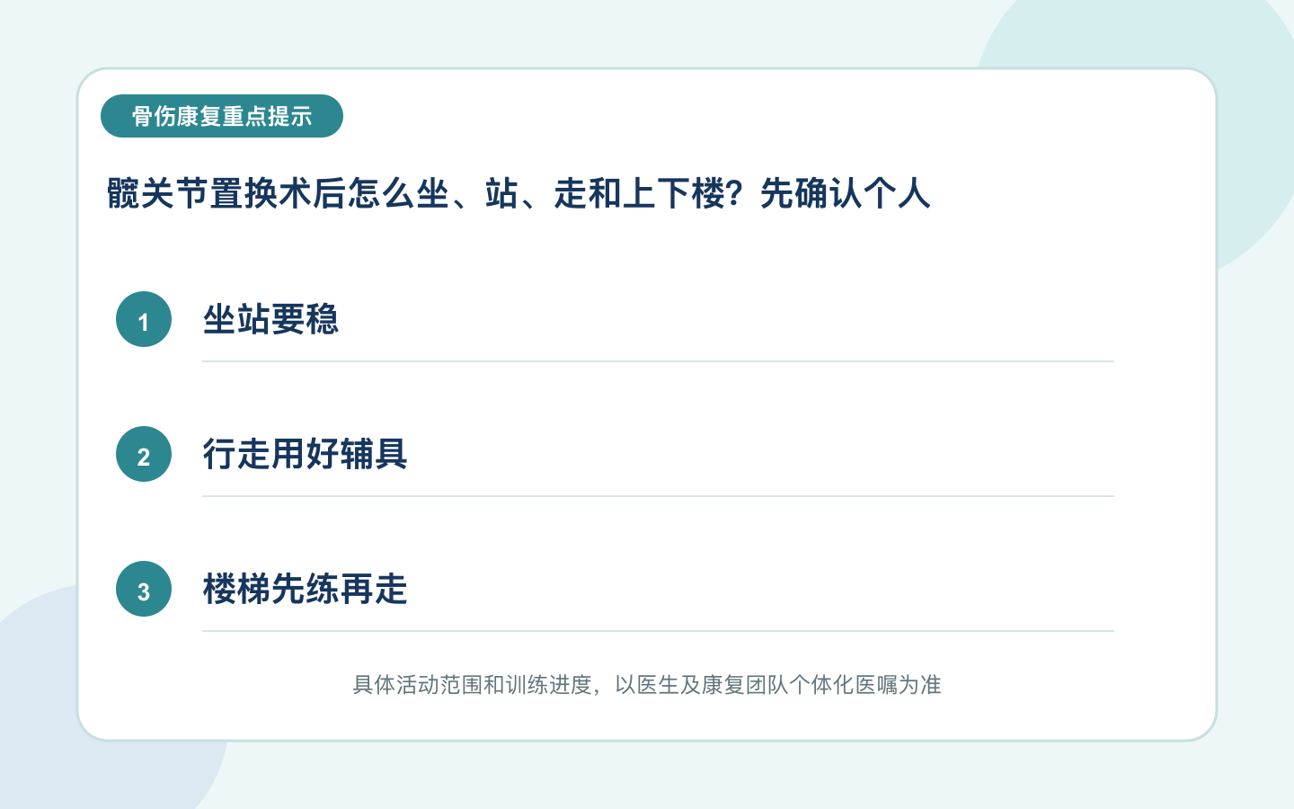 髋关节置换术后怎么坐、站、走和上下楼？先确认个人活动限制重点信息图
