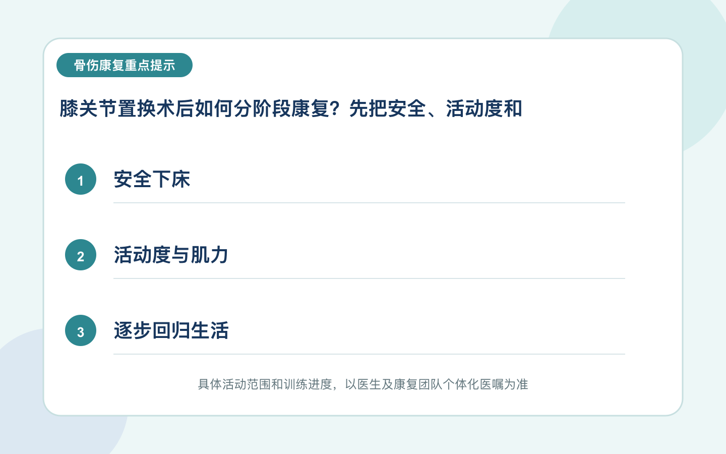 膝关节置换术后如何分阶段康复？先把安全、活动度和步行顺序理清重点信息图