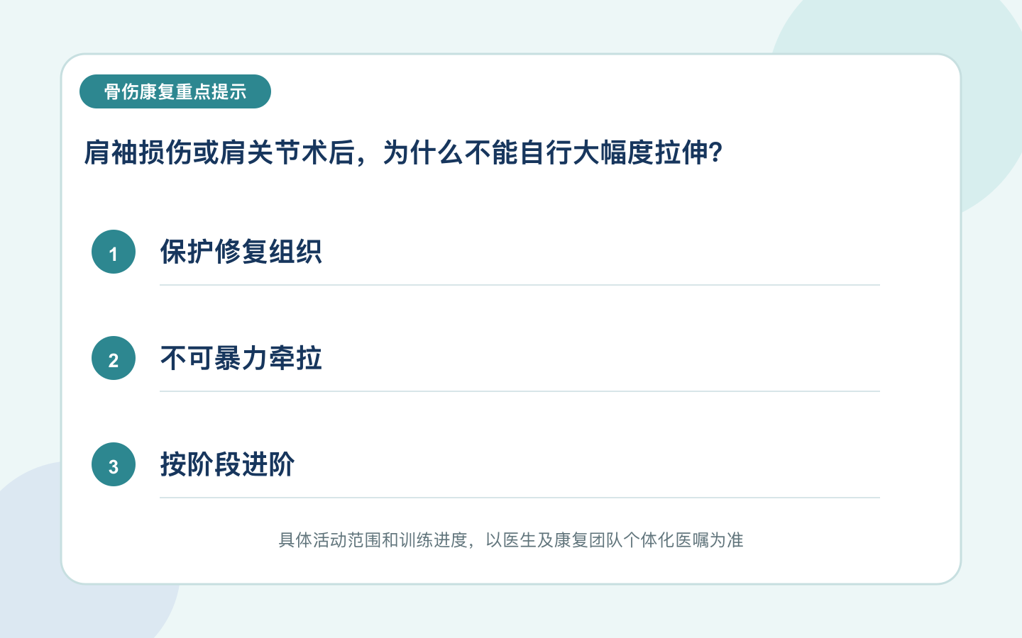 肩袖损伤或肩关节术后，为什么不能自行大幅度拉伸？重点信息图