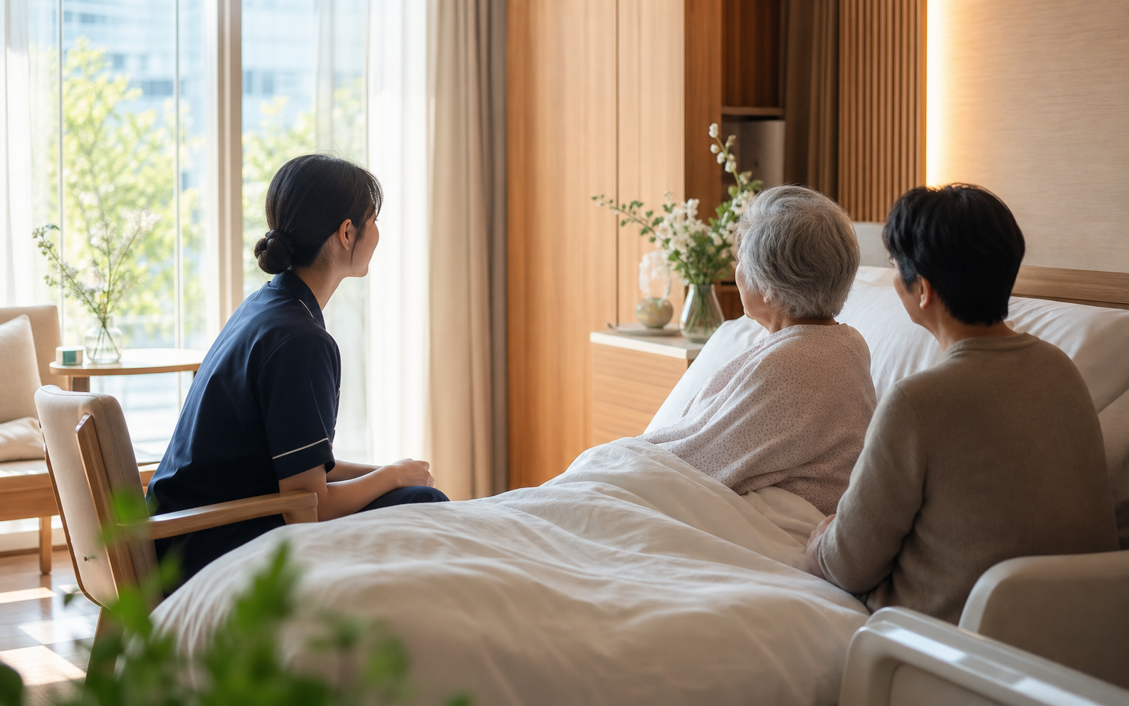 温暖安静的单人病房内，护理人员与患者及家属进行陪伴沟通